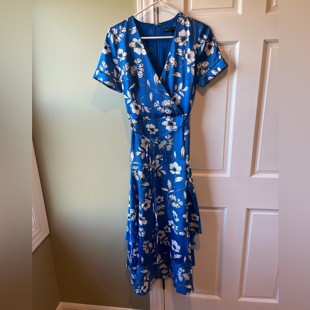 White House Black Market Satin Floral Print Faux Wrap Midi Dress